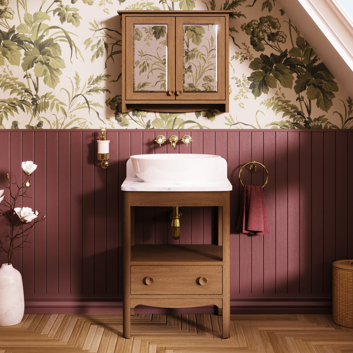Badrumskommod Burlington Guild 62 cm med bänkskiva, mörk ek, carrara