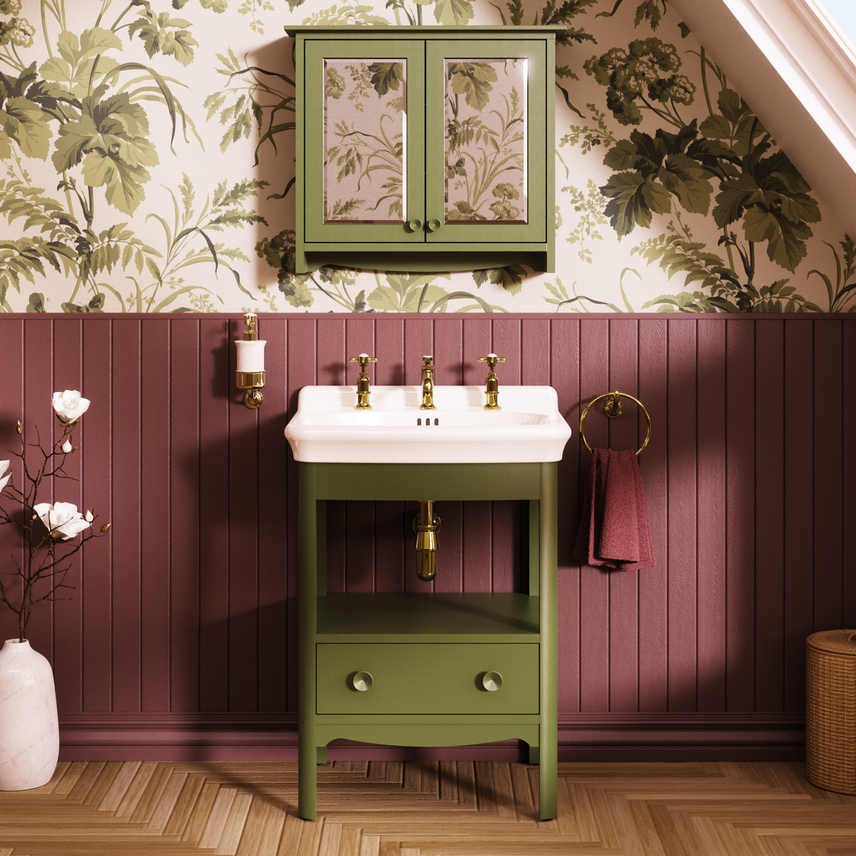 Badrumskommod Burlington Guild 62 cm med tvättställ, carlyle grön, 3 blandarhål