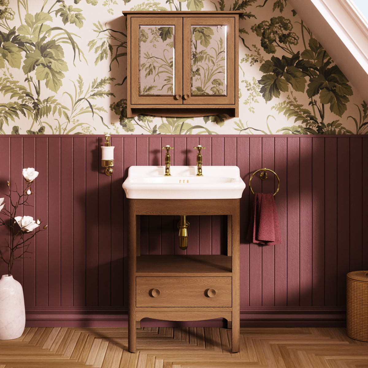 Badrumskommod Burlington Guild 62 cm med tvättställ, mörk ek, 2 blandarhål
