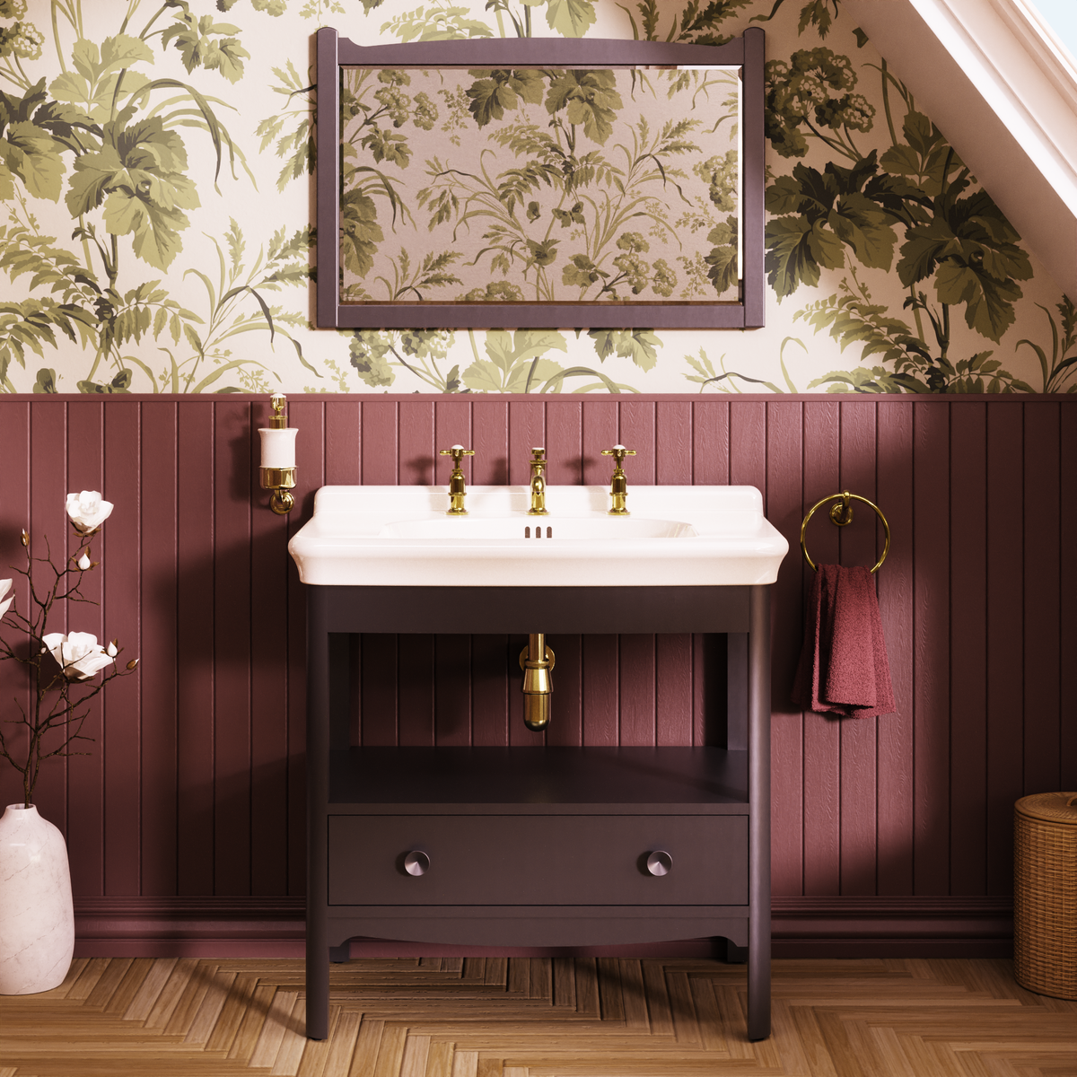 Badrumskommod Burlington Guild 85 cm med tvättställ, ashbee grå, 3 blandarhål
