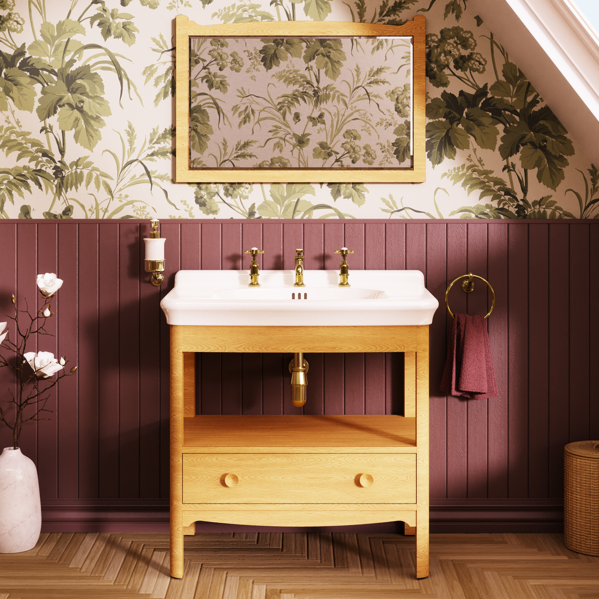 Badrumskommod Burlington Guild 85 cm med tvättställ, ljus ek, 3 blandarhål