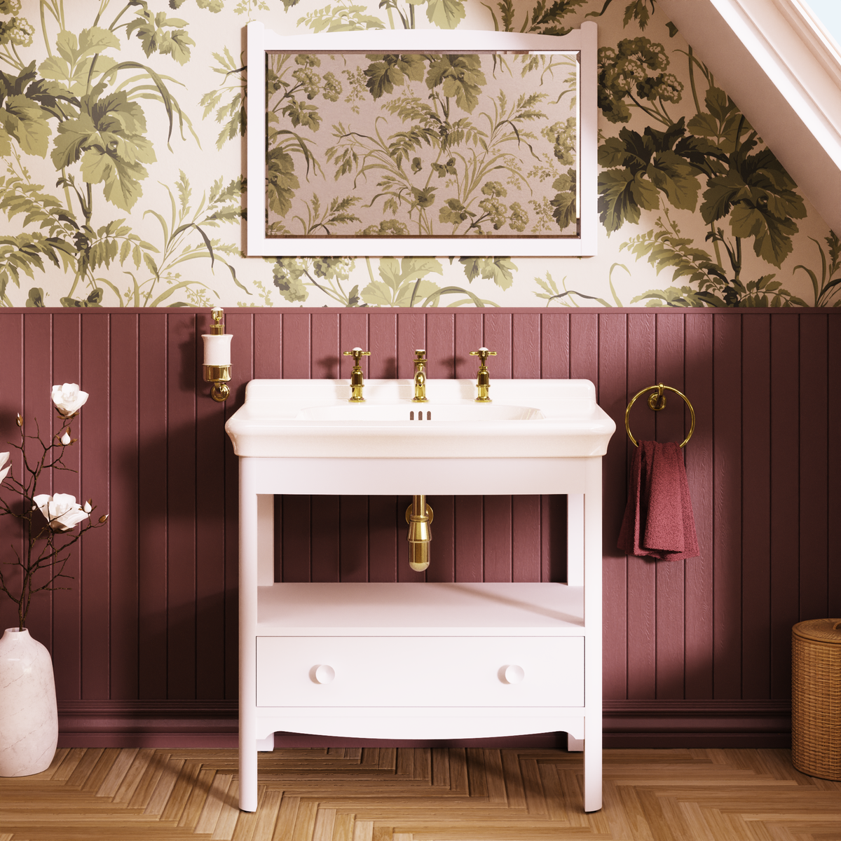 Badrumskommod Burlington Guild 85 cm med tvättställ, varley vit, 3 blandarhål