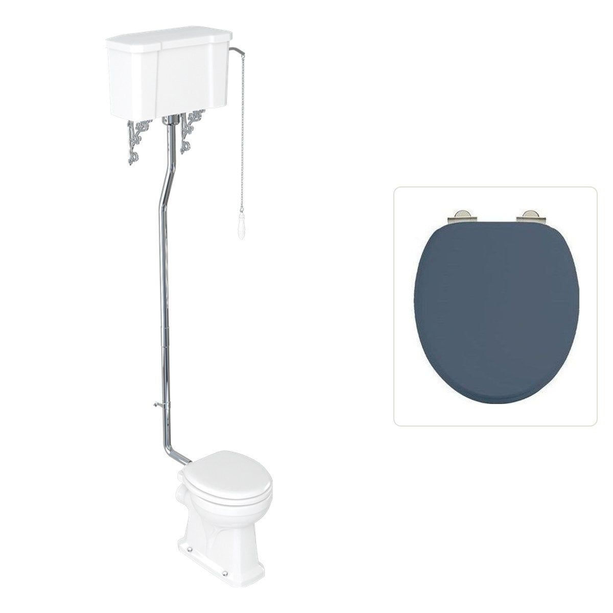Toalett Burlington högspolande med kedja och soft close-sits, sits blå