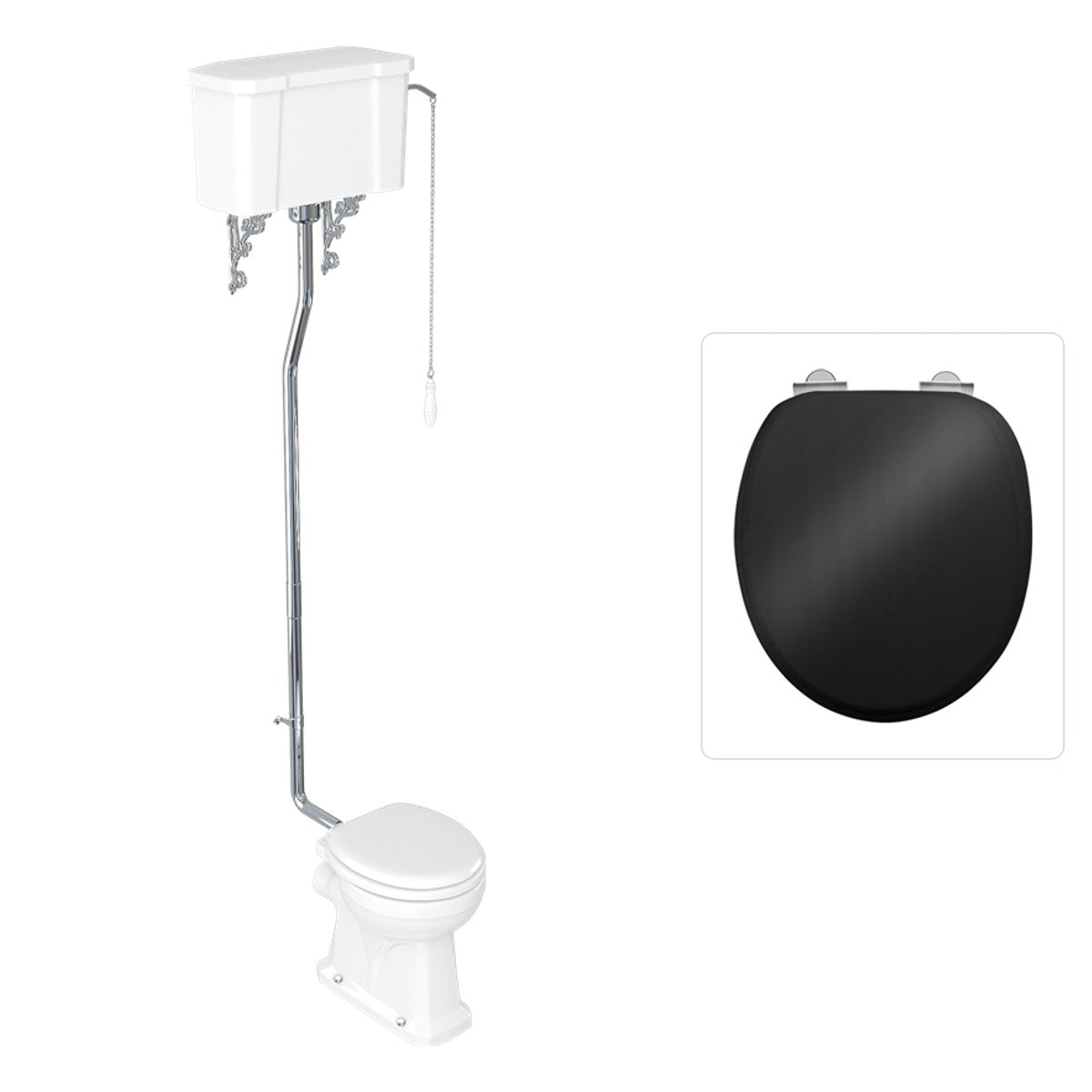 Toalett Burlington högspolande med kedja och soft close-sits, sits blank svart