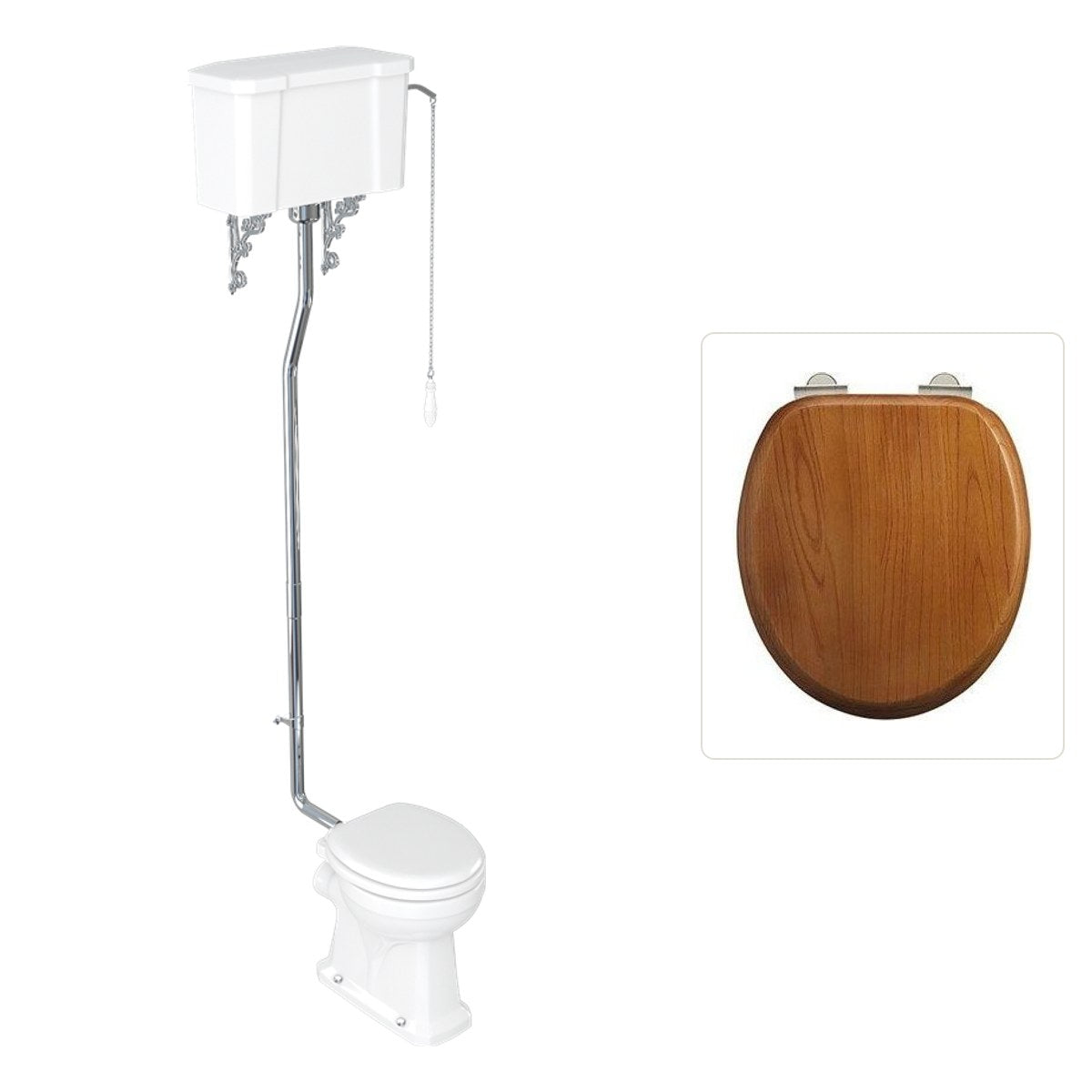 Toalett Burlington högspolande med kedja och soft close-sits, sits ek