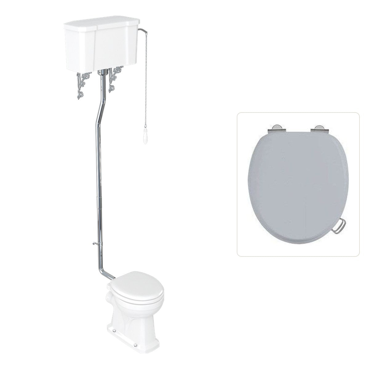 Toalett Burlington högspolande med kedja och soft close-sits, sits grå