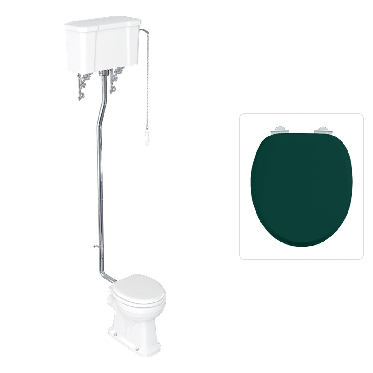 Toalett Burlington högspolande med kedja och soft close-sits, sits matt grön