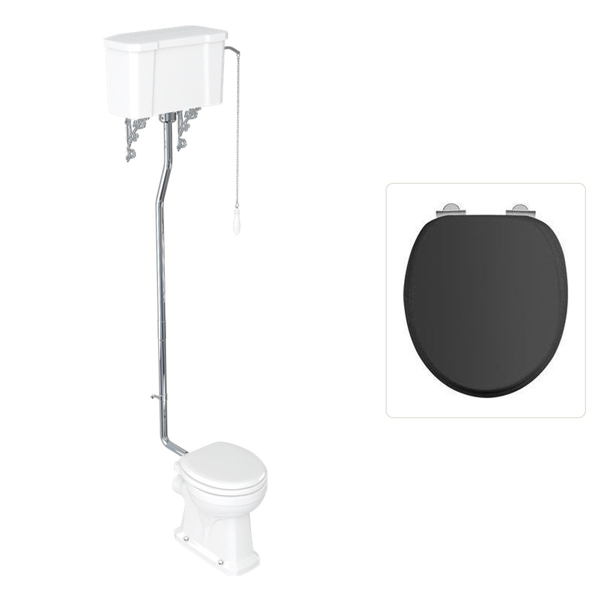 Toalett Burlington högspolande med kedja och soft close-sits, sits matt svart
