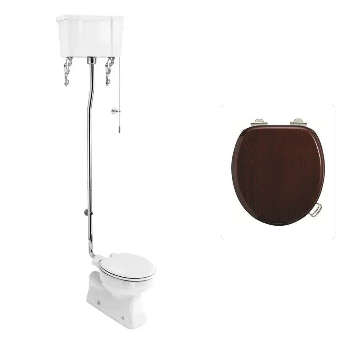 Toalett Burlington högspolande S-lås med spolrörskit och soft close-sits, sits blank mahogny