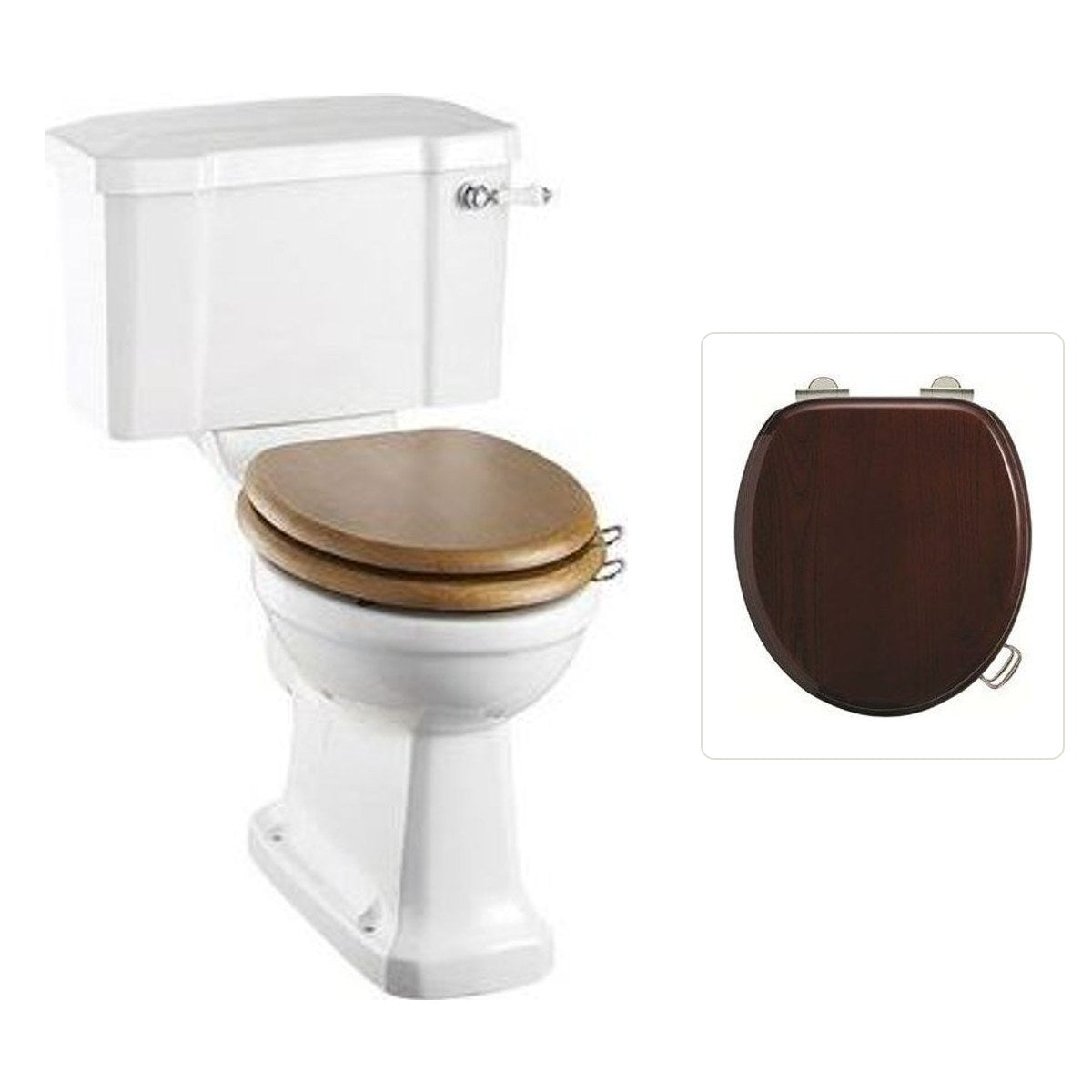 Toalettstol Burlington förhöjd med bred cistern 52 cm med soft close-sits och spolvred i krom, sits blank mahogny