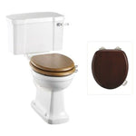 Toalettstol Burlington förhöjd med bred cistern 52 cm med soft close-sits och spolvred i krom, sits blank mahogny