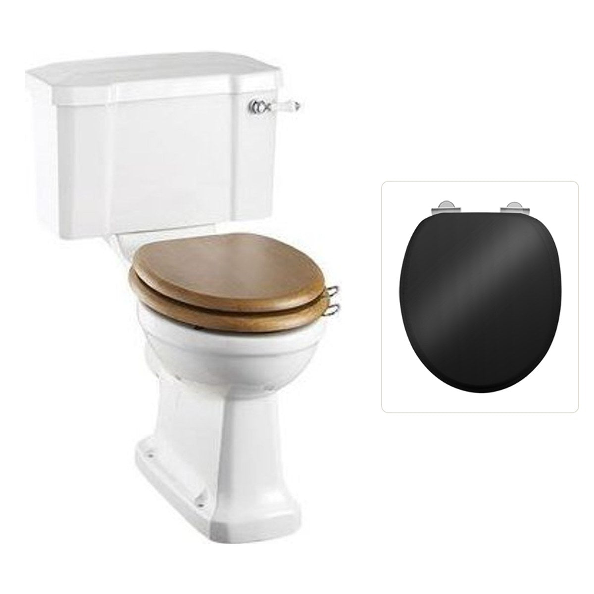 Toalettstol Burlington förhöjd med bred cistern 52 cm med soft close-sits och spolvred i krom, sits blank svart
