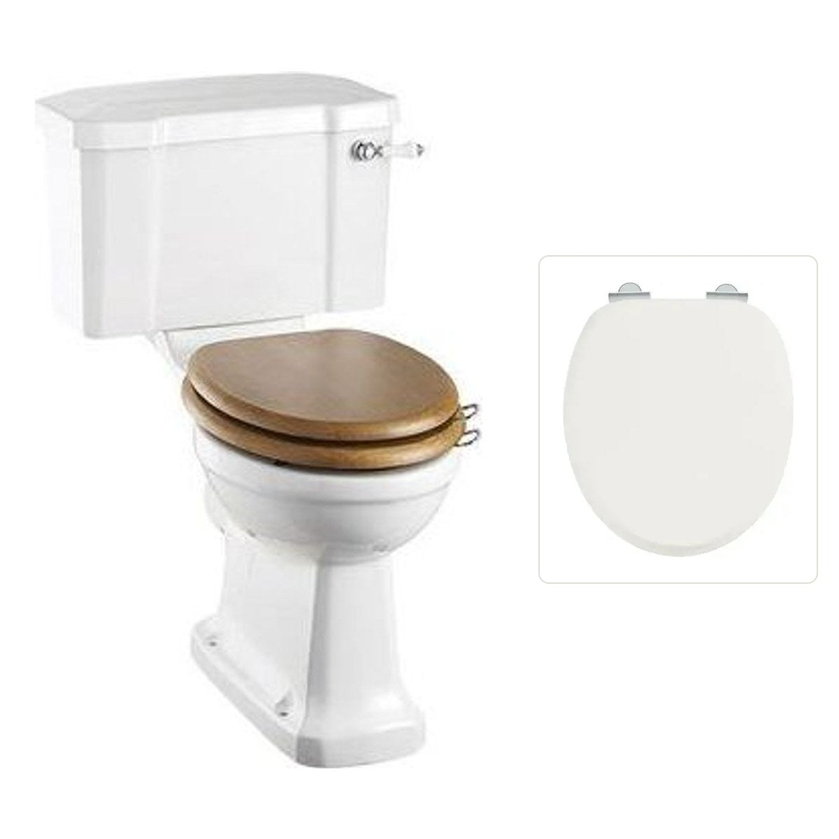 Toalettstol Burlington förhöjd med bred cistern 52 cm med soft close-sits och spolvred i krom, sits blank vit