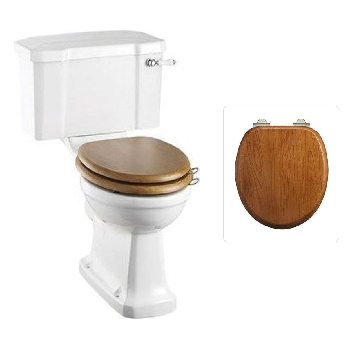 Toalettstol Burlington förhöjd med bred cistern 52 cm med soft close-sits och spolvred i krom, sits ek