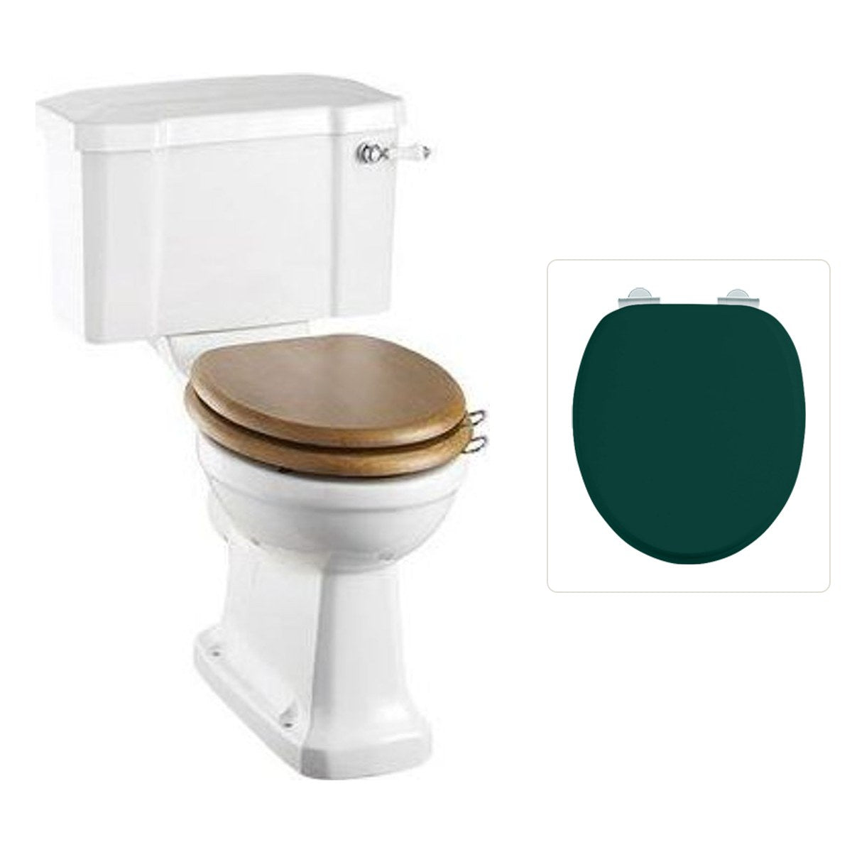 Toalettstol Burlington förhöjd med bred cistern 52 cm med soft close-sits och spolvred i krom, sits matt grön