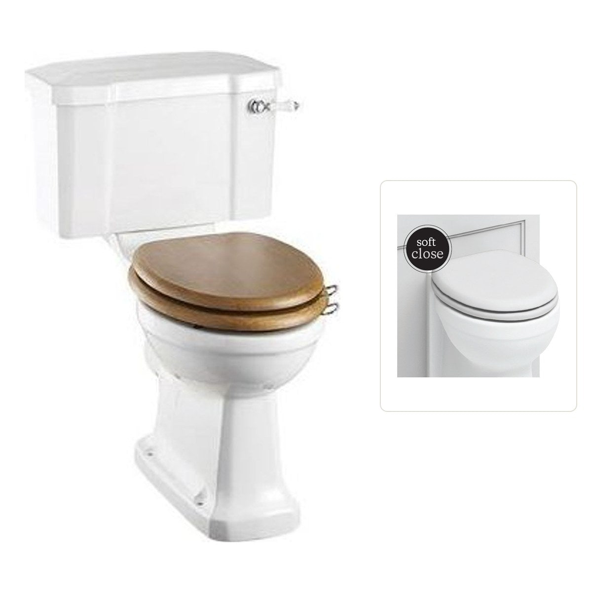 Toalettstol Burlington förhöjd med bred cistern 52 cm med soft close-sits och spolvred i krom, sits matt vit