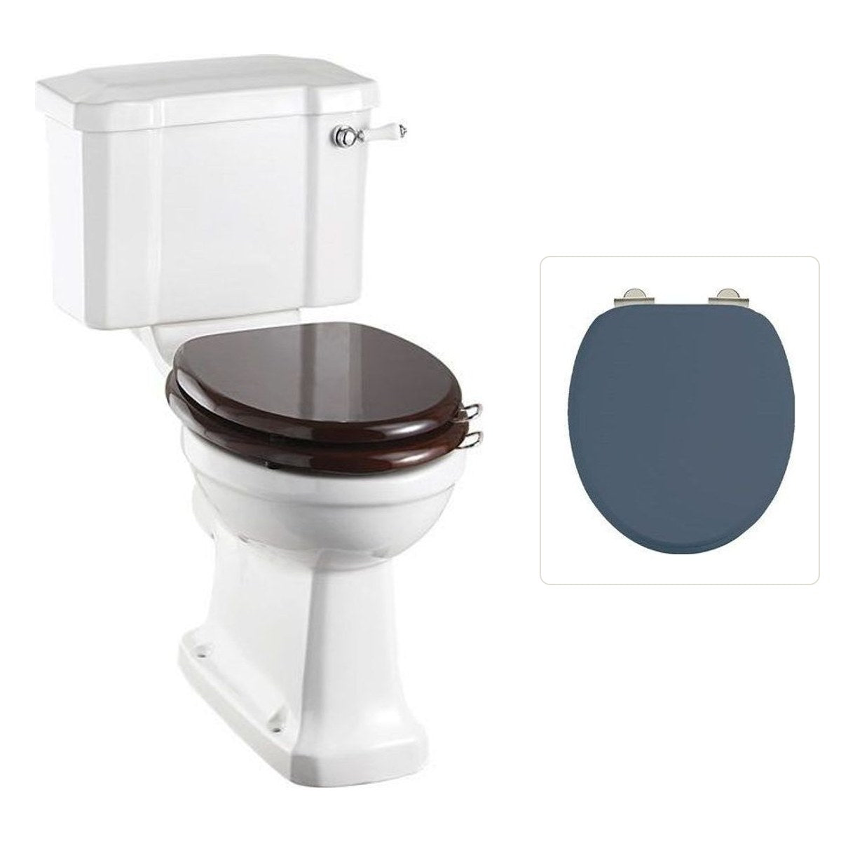 Toalettstol Burlington förhöjd med smal cistern 44 cm med soft close-sits och spolvred, sits blå