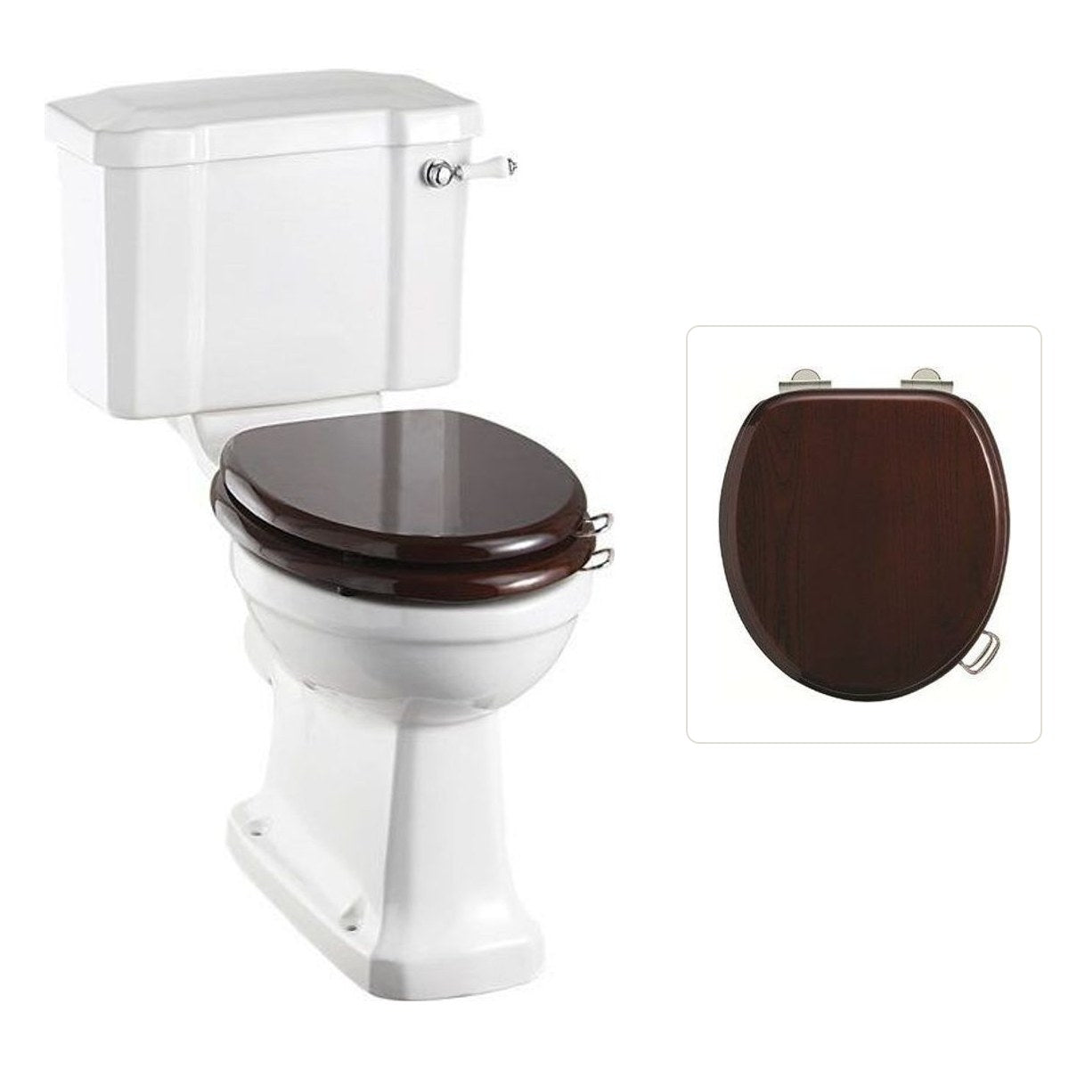 Toalettstol Burlington förhöjd med smal cistern 44 cm med soft close-sits och spolvred, sits blank mahogny