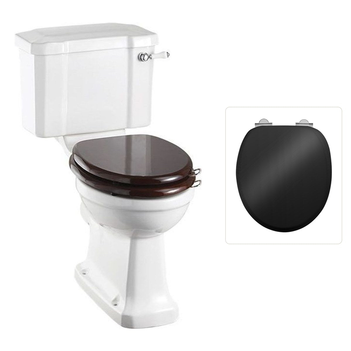 Toalettstol Burlington förhöjd med smal cistern 44 cm med soft close-sits och spolvred, sits blank svart