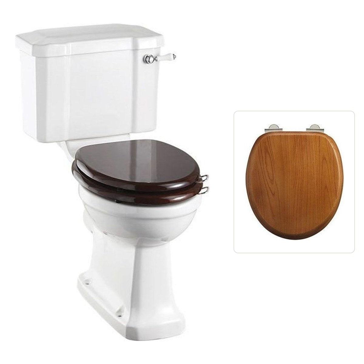 Toalettstol Burlington förhöjd med smal cistern 44 cm med soft close-sits och spolvred, sits ek