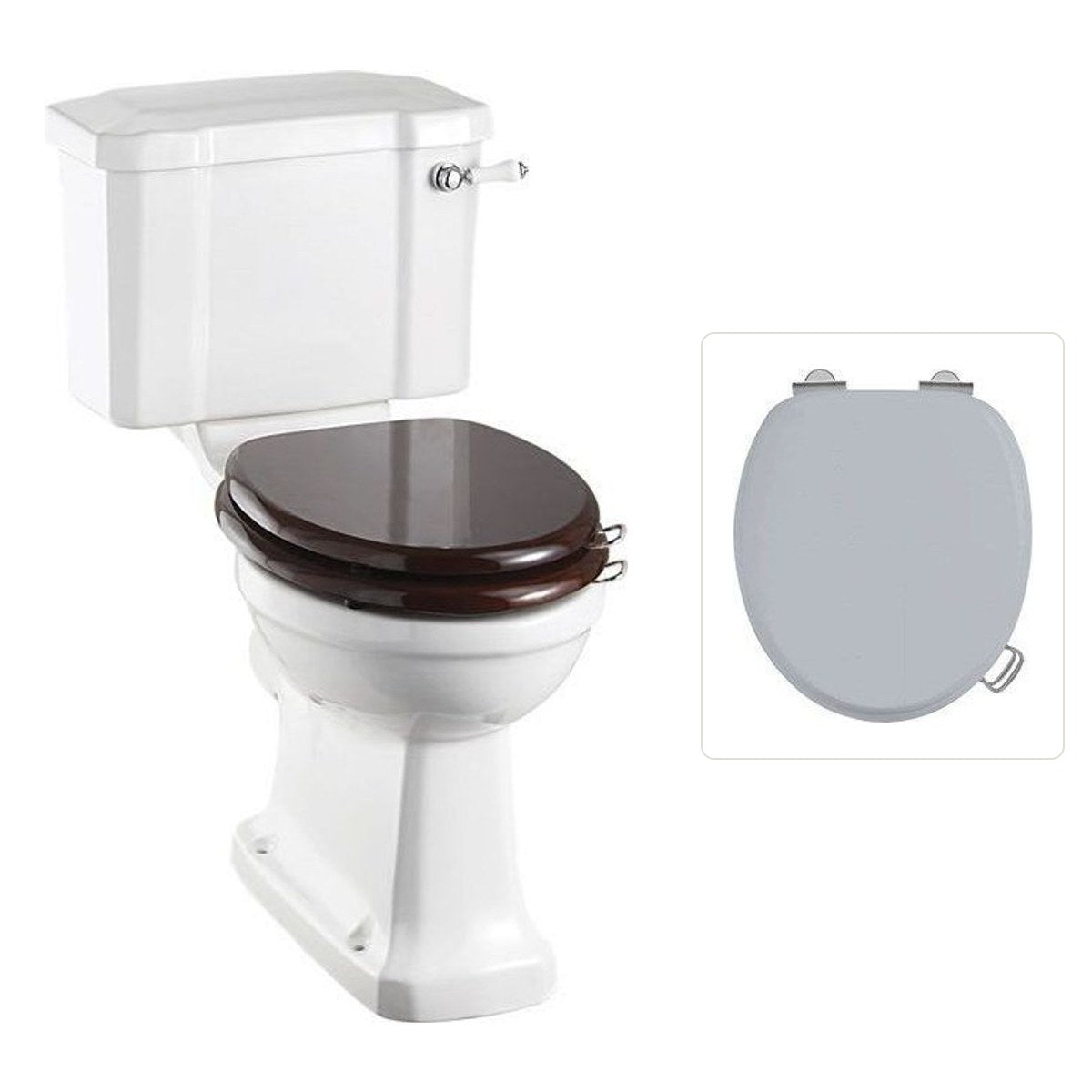 Toalettstol Burlington förhöjd med smal cistern 44 cm med soft close-sits och spolvred, sits grå