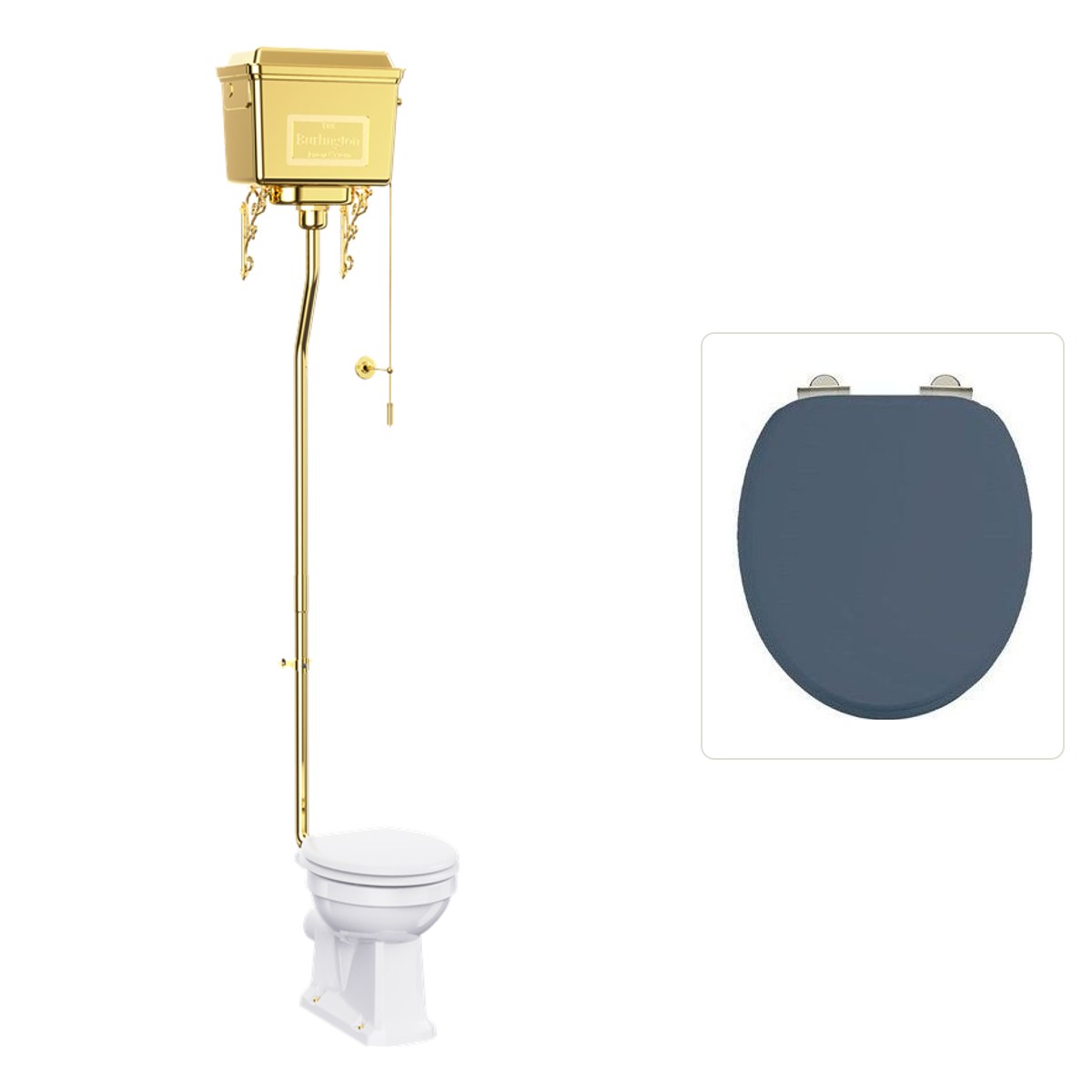 Toalettstol Burlington högspolande guld metallcistern med soft close-sits och spolvred, sits blå