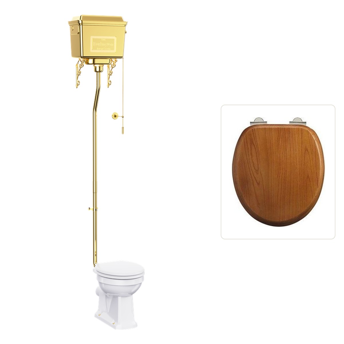 Toalettstol Burlington högspolande guld metallcistern med soft close-sits och spolvred, sits ek
