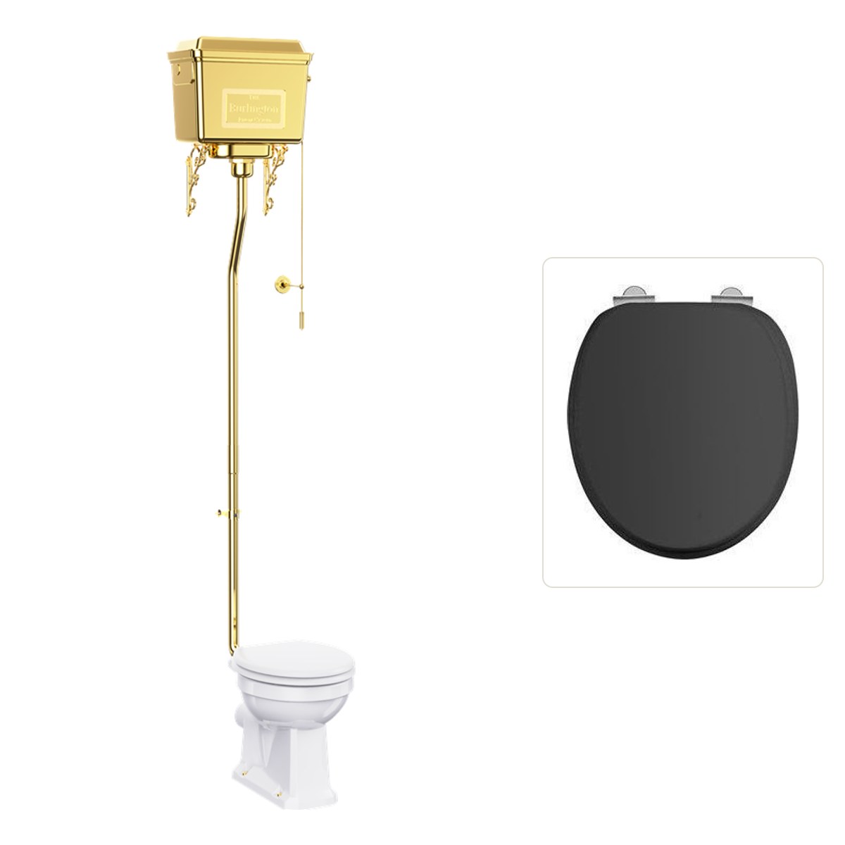 Toalettstol Burlington högspolande guld metallcistern med soft close-sits och spolvred, sits matt svart