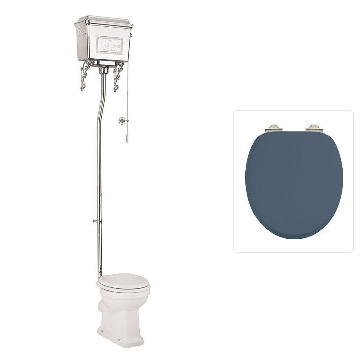 Toalettstol Burlington högspolande kromad metallcistern med soft close-sits och spolrörskit, sits blå