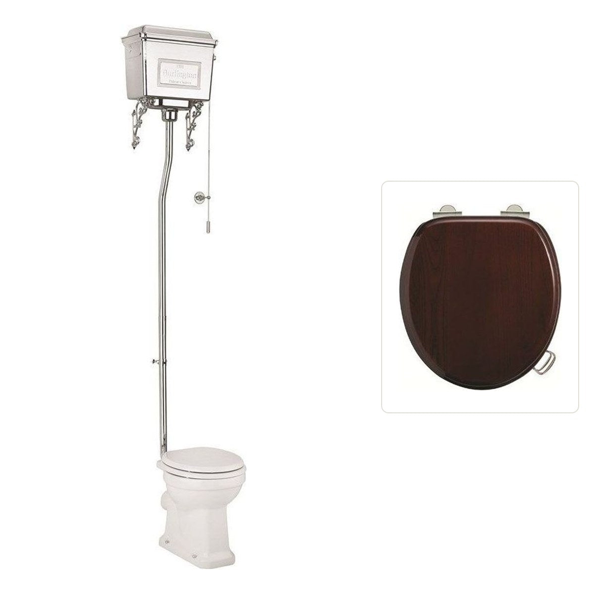 Toalettstol Burlington högspolande kromad metallcistern med soft close-sits och spolrörskit, sits blank mahogny