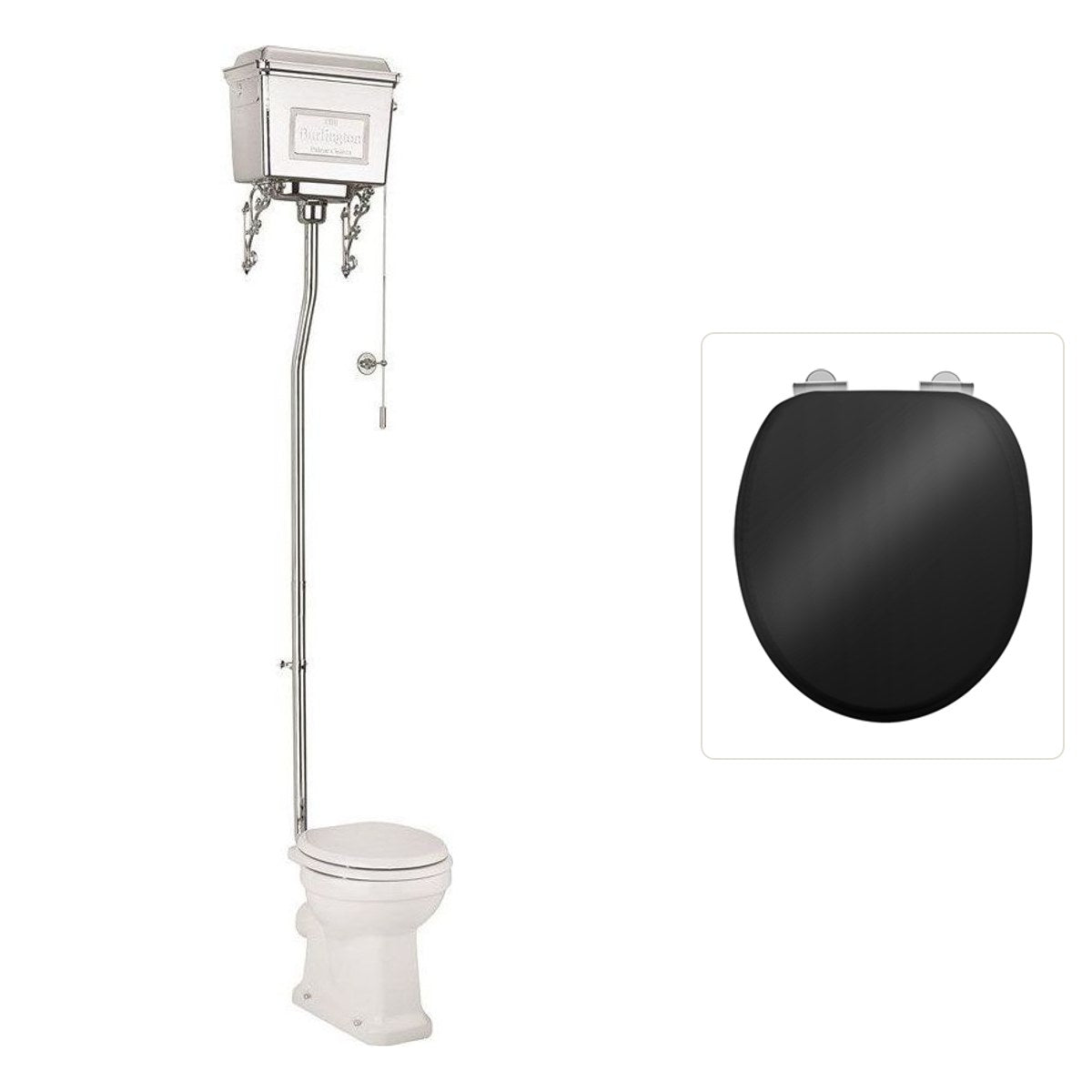 Toalettstol Burlington högspolande kromad metallcistern med soft close-sits och spolrörskit, sits blank svart