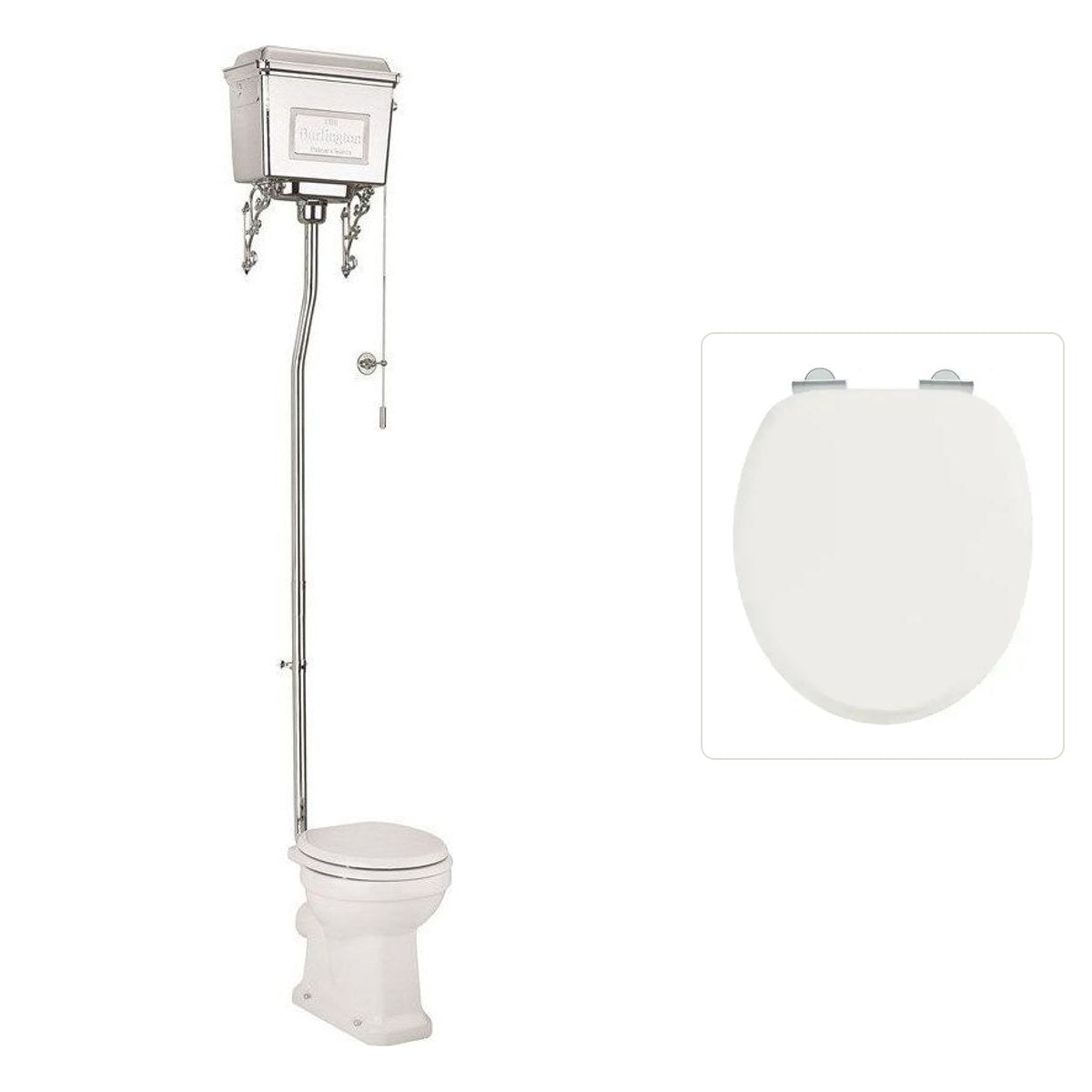 Toalettstol Burlington högspolande kromad metallcistern med soft close-sits och spolrörskit, sits blank vit