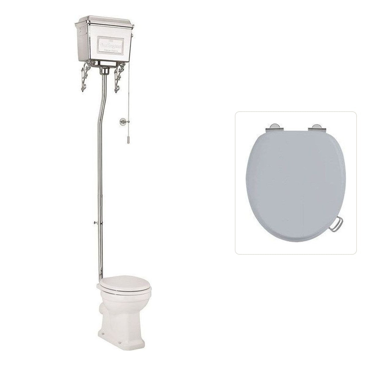 Toalettstol Burlington högspolande kromad metallcistern med soft close-sits och spolrörskit, sits grå