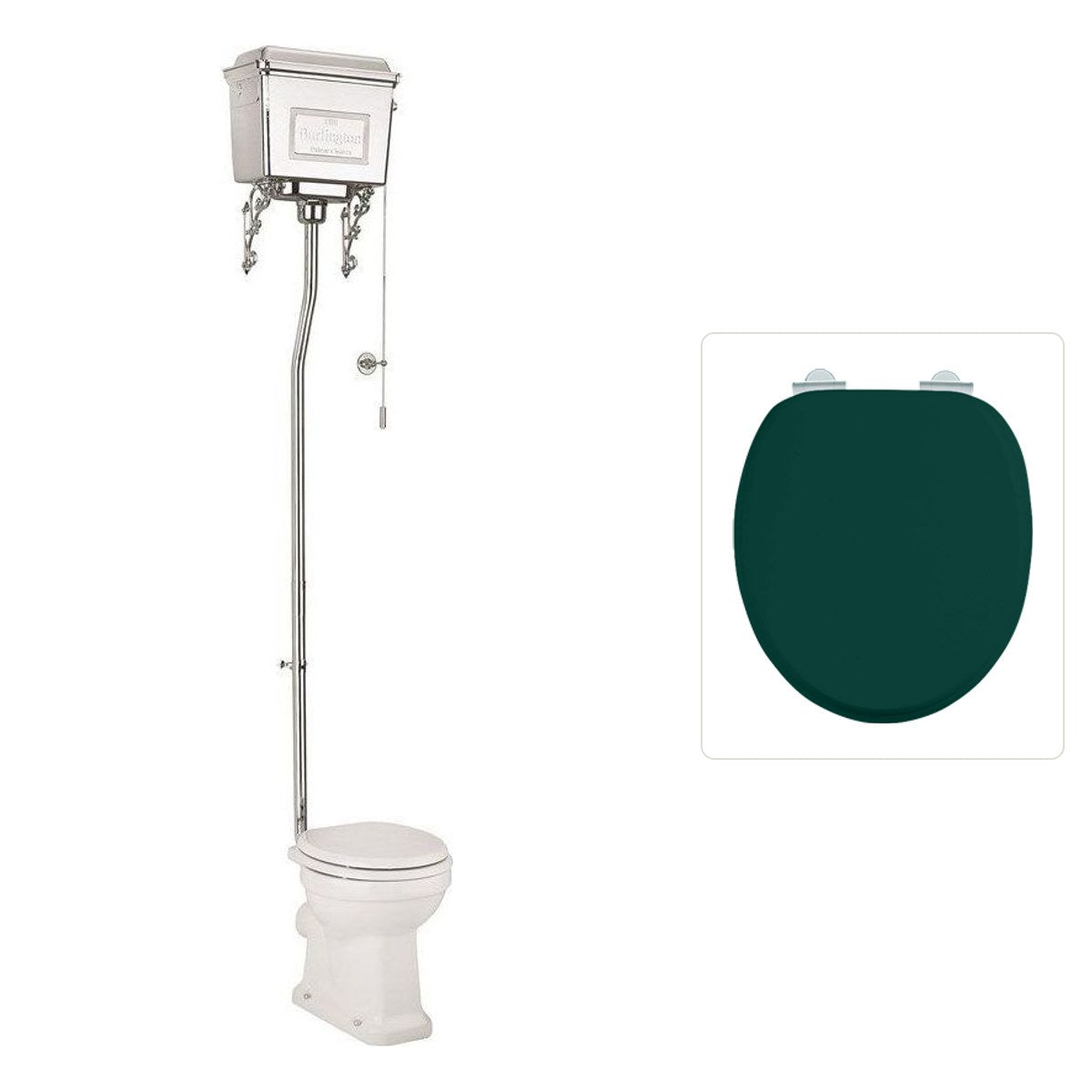 Toalettstol Burlington högspolande kromad metallcistern med soft close-sits och spolrörskit, sits matt grön