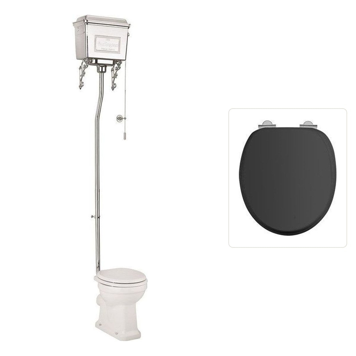 Toalettstol Burlington högspolande kromad metallcistern med soft close-sits och spolrörskit, sits matt svart