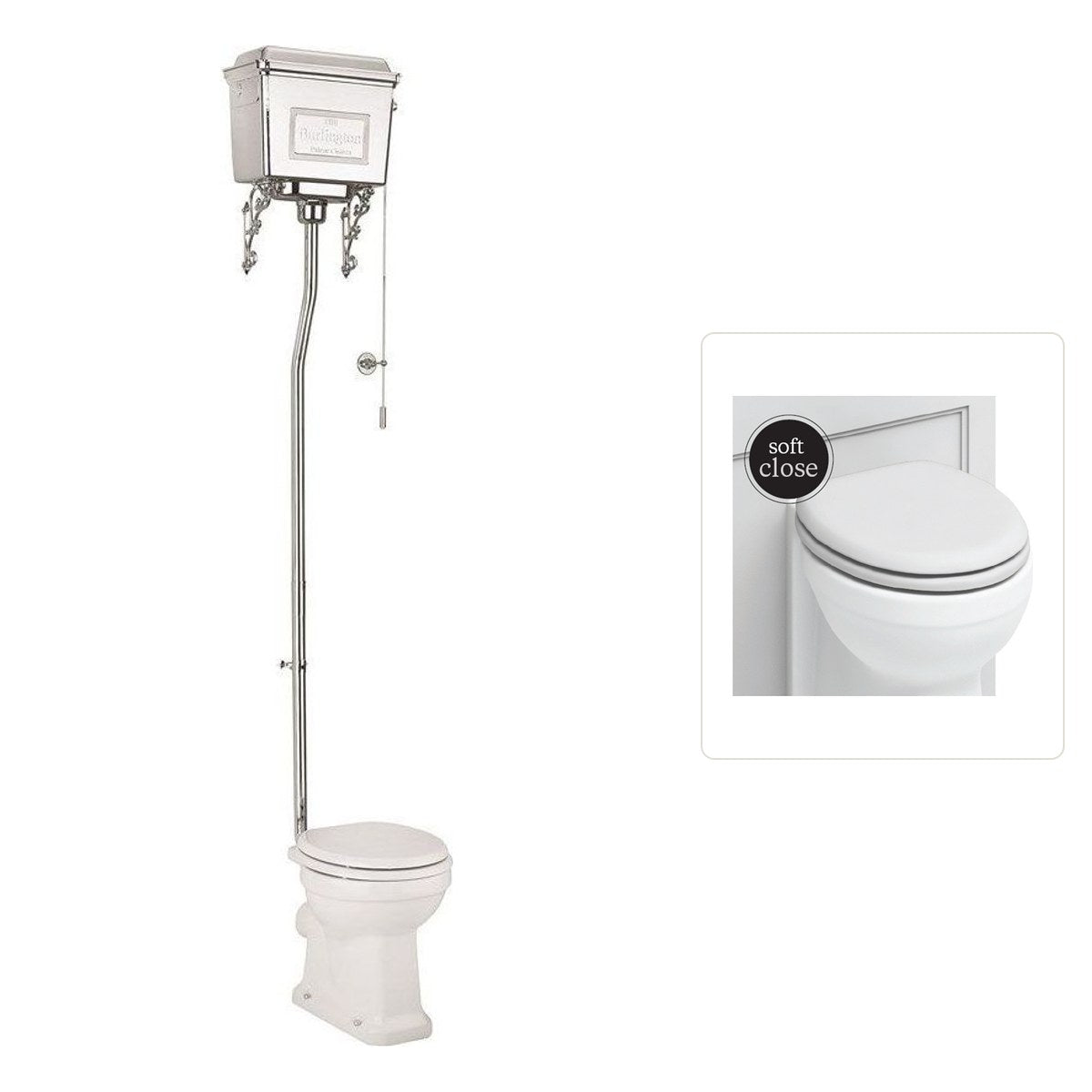 Toalettstol Burlington högspolande kromad metallcistern med soft close-sits och spolrörskit, sits matt vit