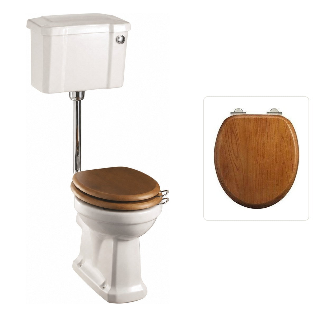 Toalettstol Burlington lågspolande förhöjd med smal cistern 44 cm med soft close-sits och spolknapp, sits ek