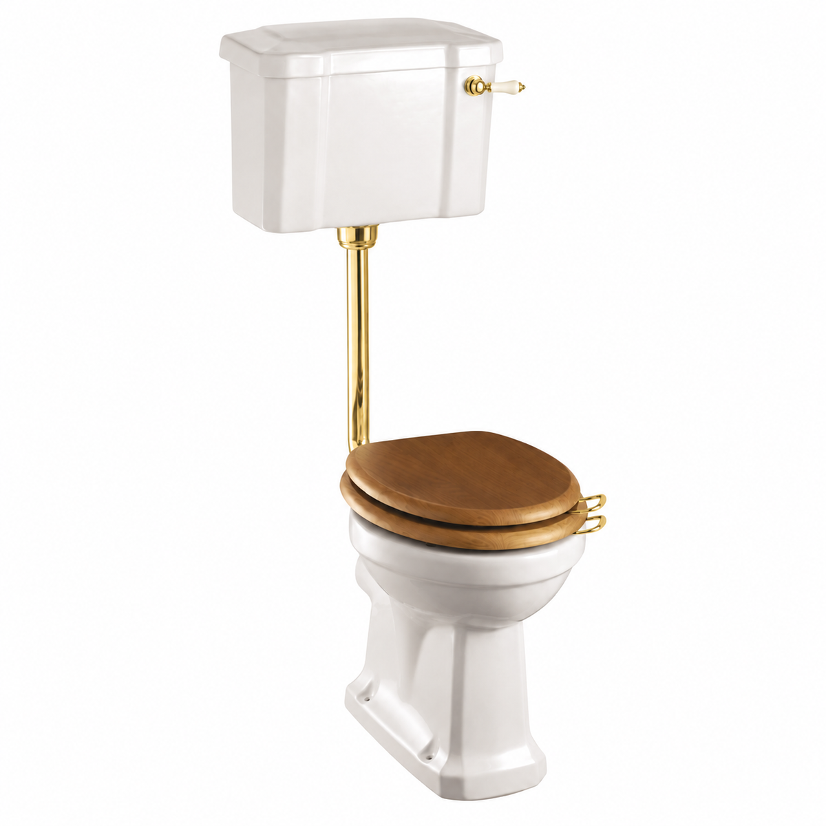 Toalettstol Burlington lågspolande förhöjd med smal cistern 44 cm med soft close-sits och spolvred i guld