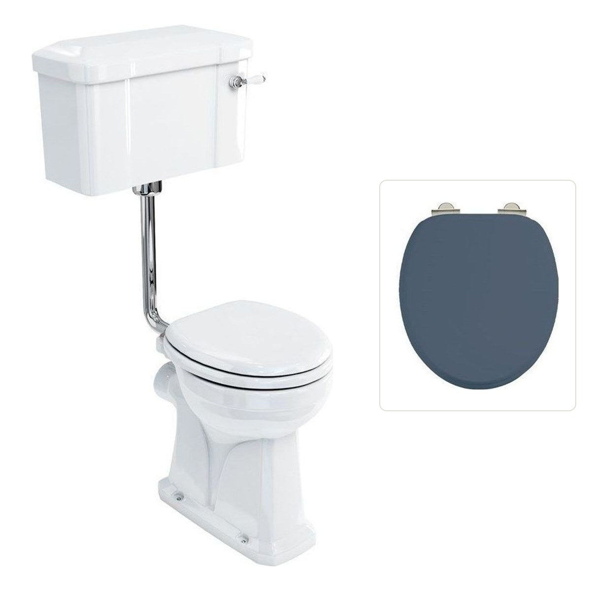 Toalettstol Burlington lågspolande förhöjd med smal cistern 44 cm med soft close-sits och spolvred i krom, sits blå