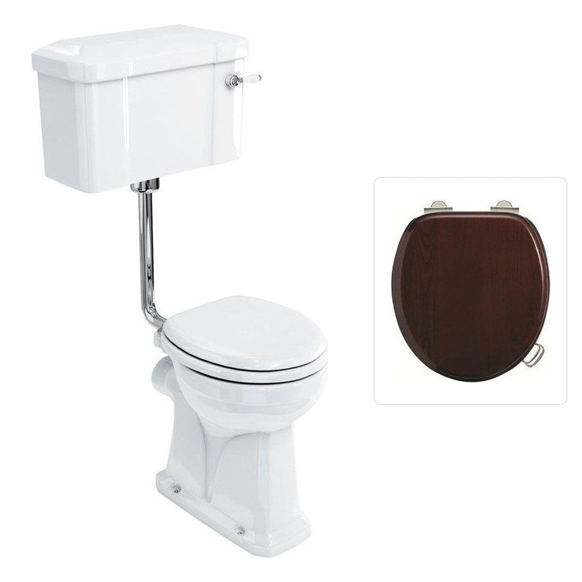 Toalettstol Burlington lågspolande förhöjd med smal cistern 44 cm med soft close-sits och spolvred i krom, sits blank mahogny