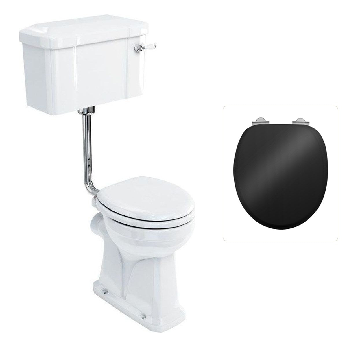 Toalettstol Burlington lågspolande förhöjd med smal cistern 44 cm med soft close-sits och spolvred i krom, sits blank svart