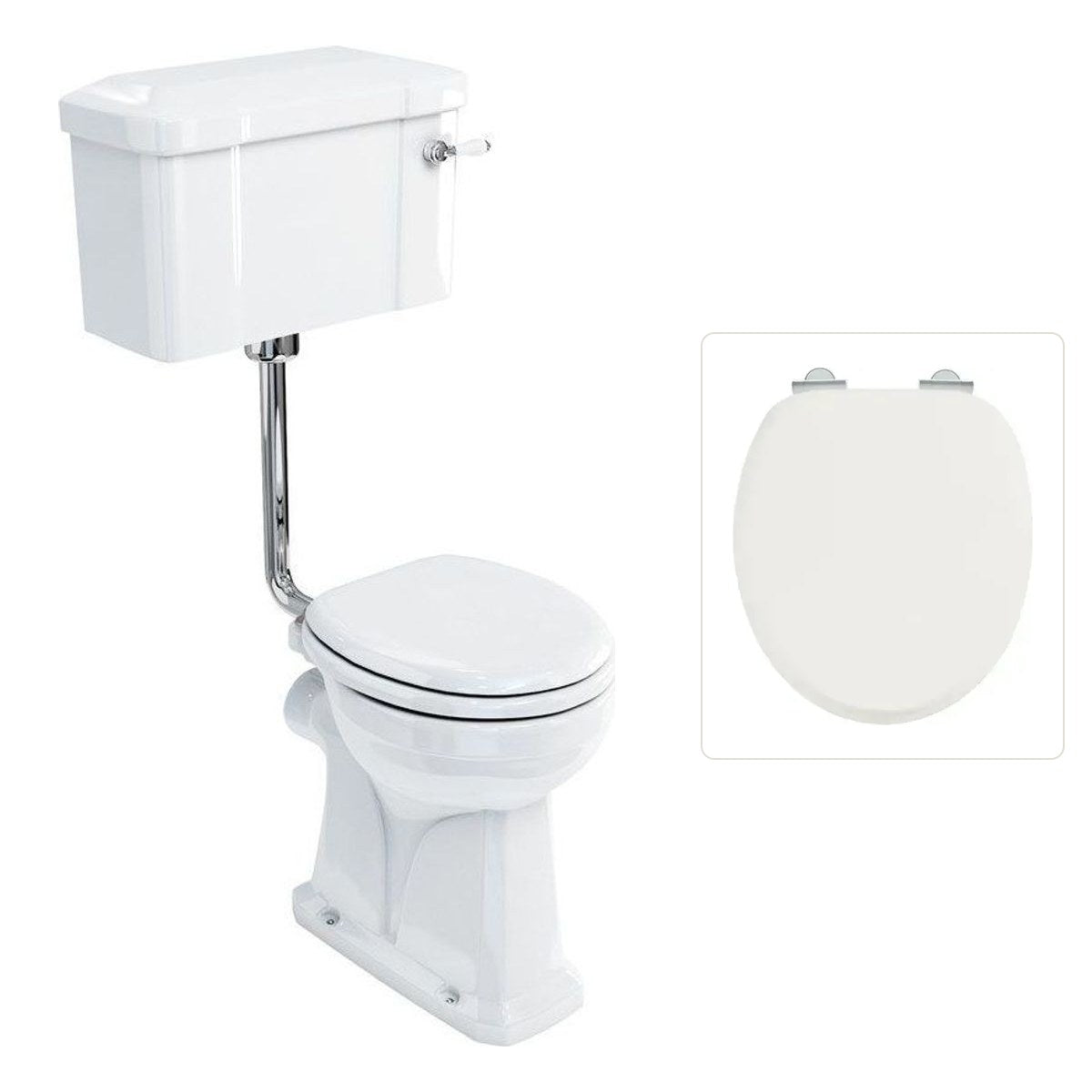 Toalettstol Burlington lågspolande förhöjd med smal cistern 44 cm med soft close-sits och spolvred i krom, sits blank vit