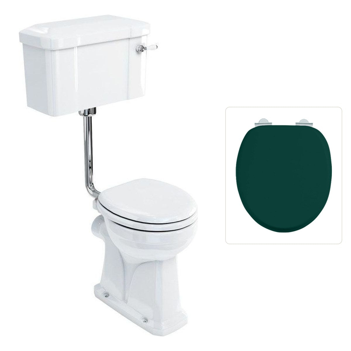 Toalettstol Burlington lågspolande förhöjd med smal cistern 44 cm med soft close-sits och spolvred i krom, sits matt grön