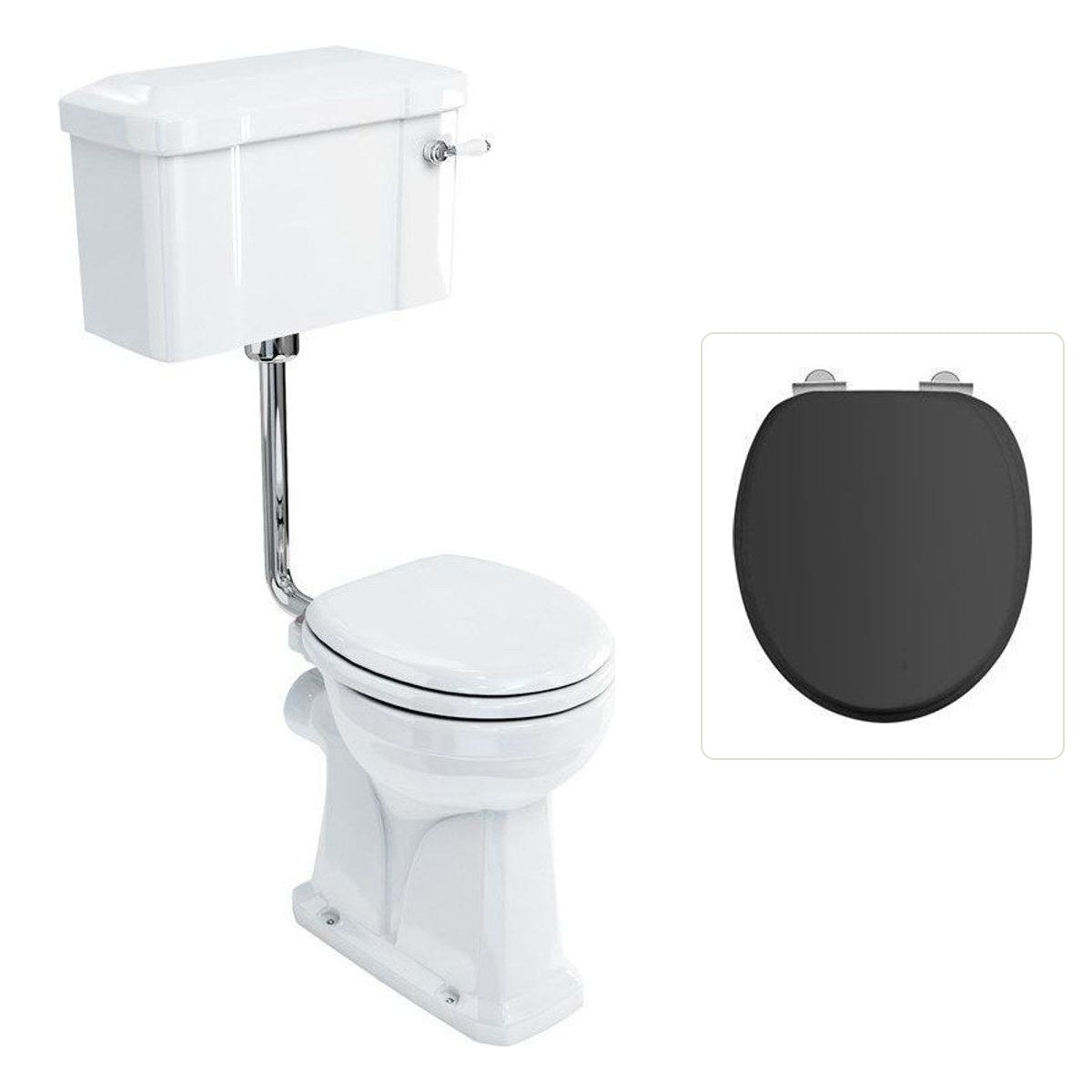 Toalettstol Burlington lågspolande förhöjd med smal cistern 44 cm med soft close-sits och spolvred i krom, sits matt svart