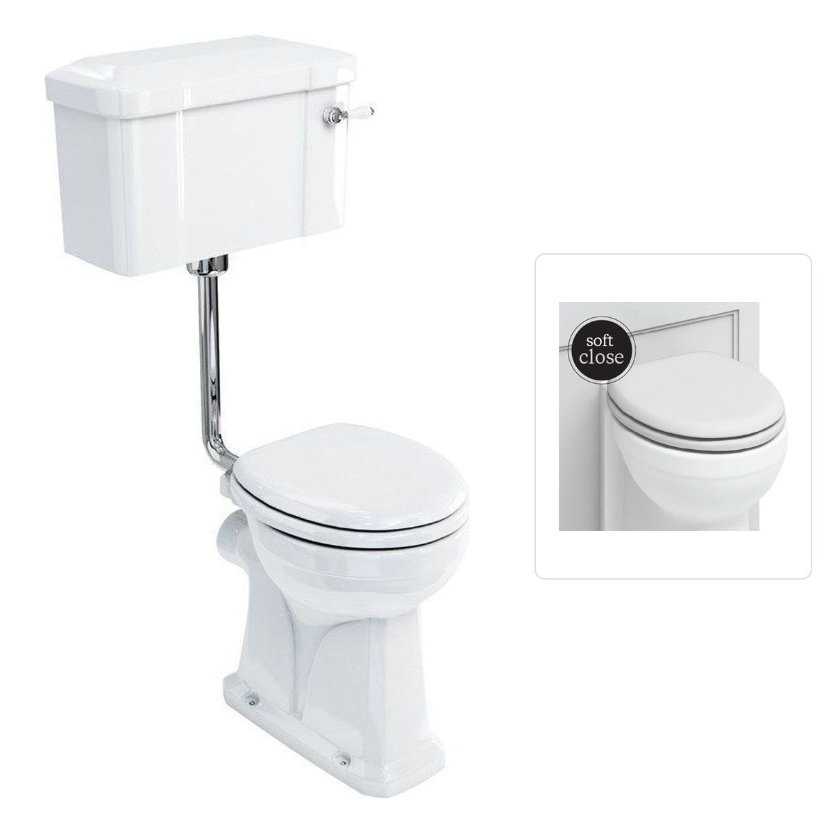 Toalettstol Burlington lågspolande förhöjd med smal cistern 44 cm med soft close-sits och spolvred i krom, sits matt vit