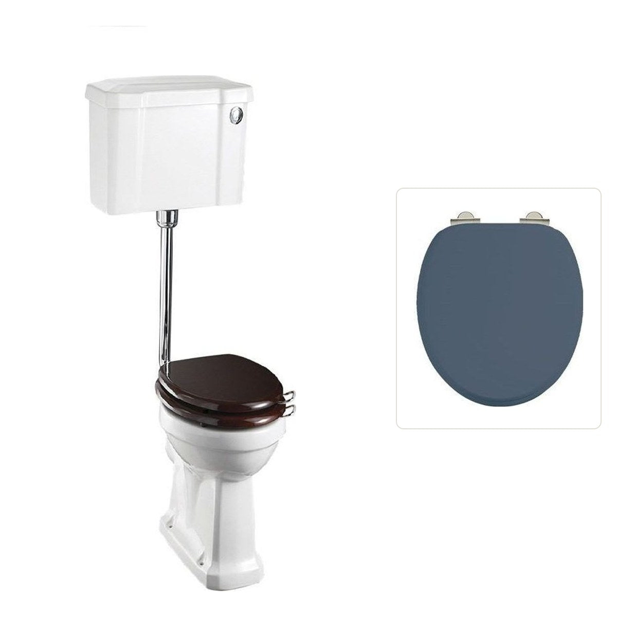 Toalettstol Burlington lågspolande normalhög med soft close-sits bred cistern 52 cm och spolknapp i krom, sits blå