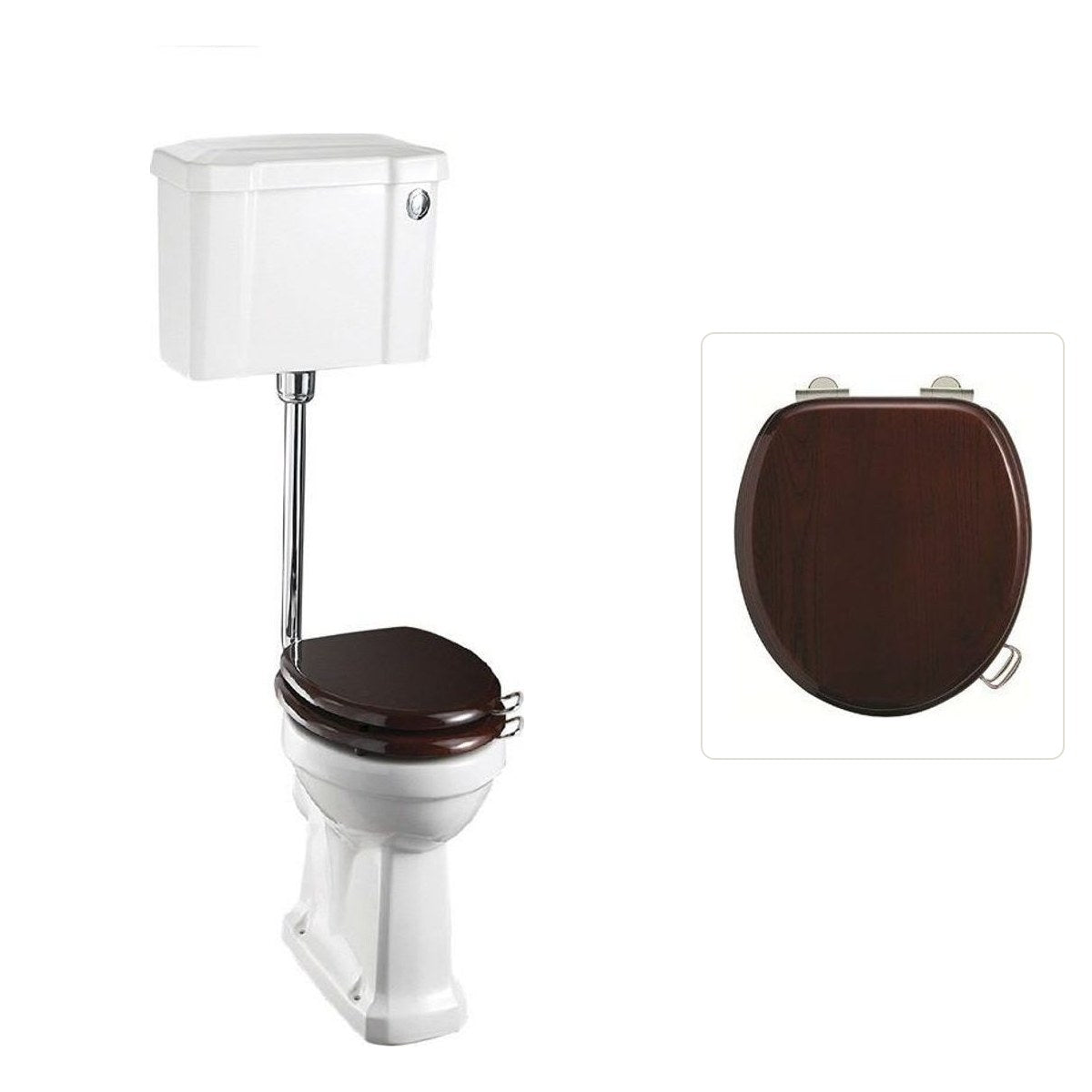 Toalettstol Burlington lågspolande normalhög med soft close-sits bred cistern 52 cm och spolknapp i krom, sits blank mahogny