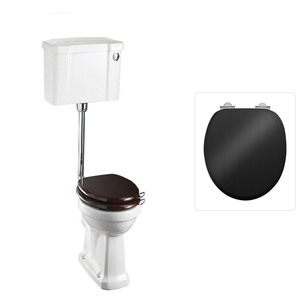 Toalettstol Burlington lågspolande normalhög med soft close-sits bred cistern 52 cm och spolknapp i krom, sits blank svart