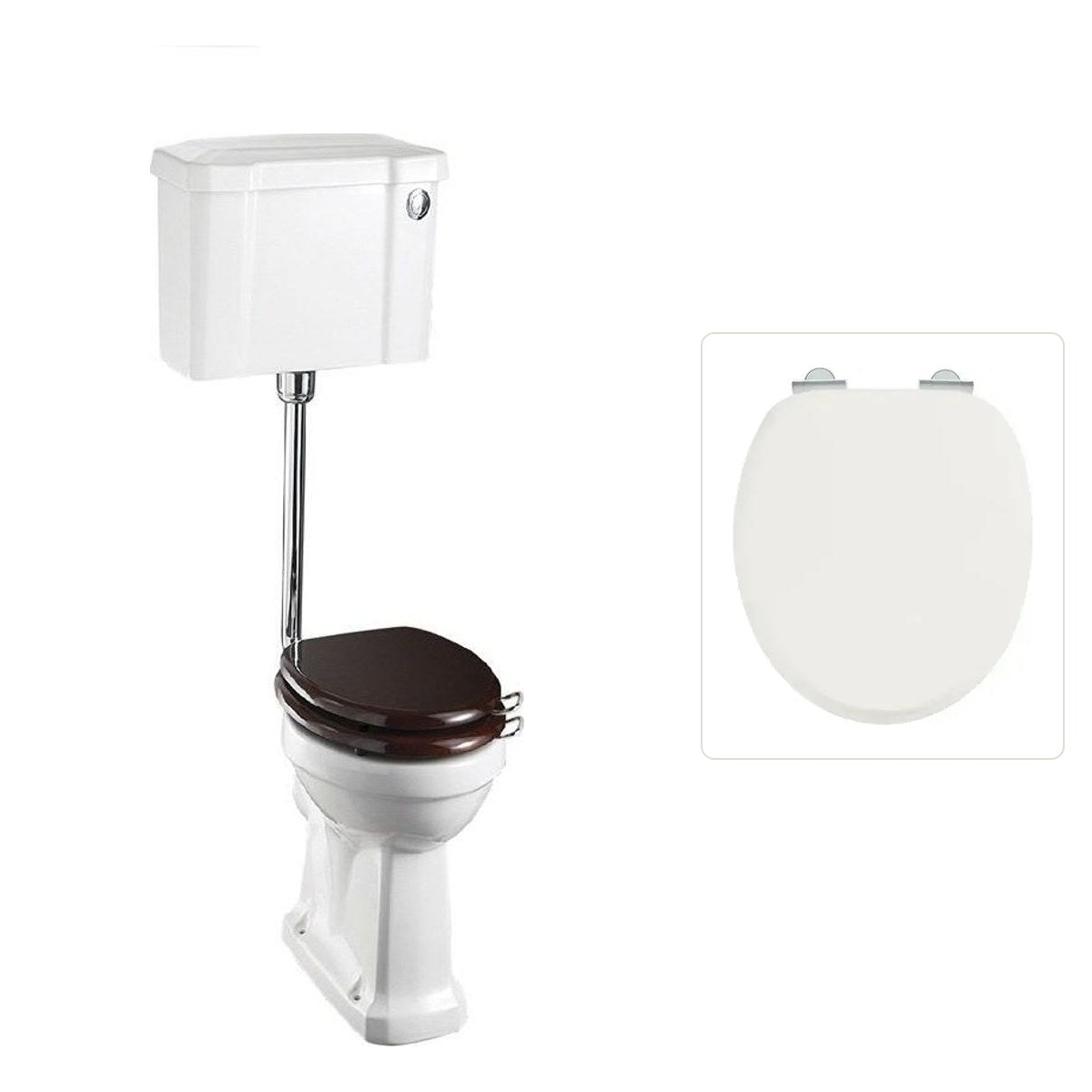 Toalettstol Burlington lågspolande normalhög med soft close-sits bred cistern 52 cm och spolknapp i krom, sits blank vit