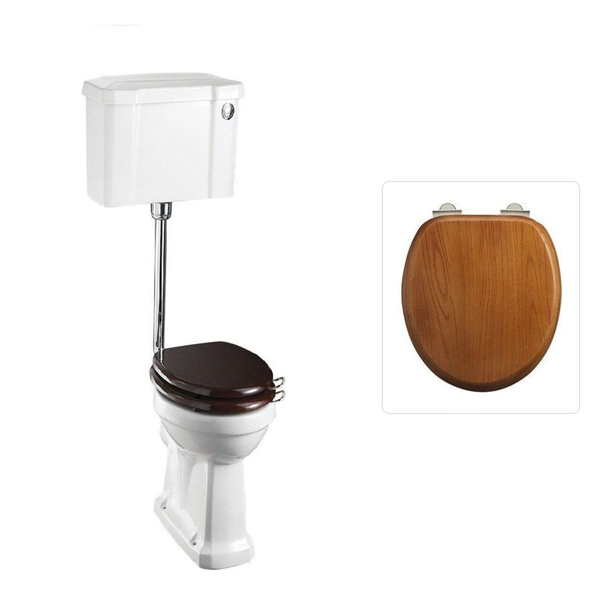 Toalettstol Burlington lågspolande normalhög med soft close-sits bred cistern 52 cm och spolknapp i krom, sits ek